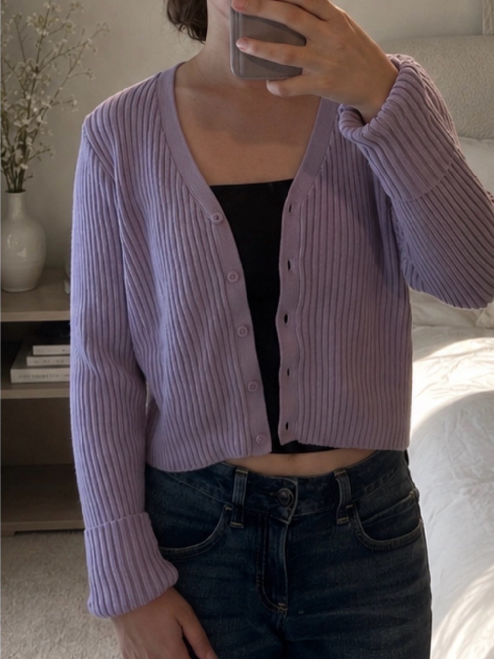 Hollister Cropped Lilac Ribbed Button-Up Cardigan
